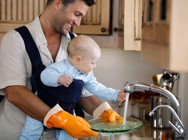Father and Son Washing Dishes