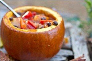 Butternut Squash and Black Bean Chili in Pumpkin Bowls