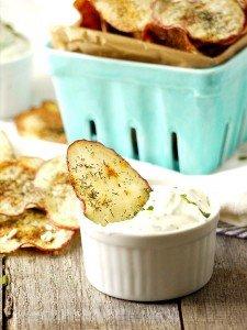 BAKED DILL AND ONION POTATO CHIPS WITH GOAT CHEESE DIPPING SAUCE