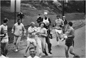Kathrine Switzer becomes the first woman to run the Boston Marathon, despite attempts by the marathon organizer to stop her. 1967