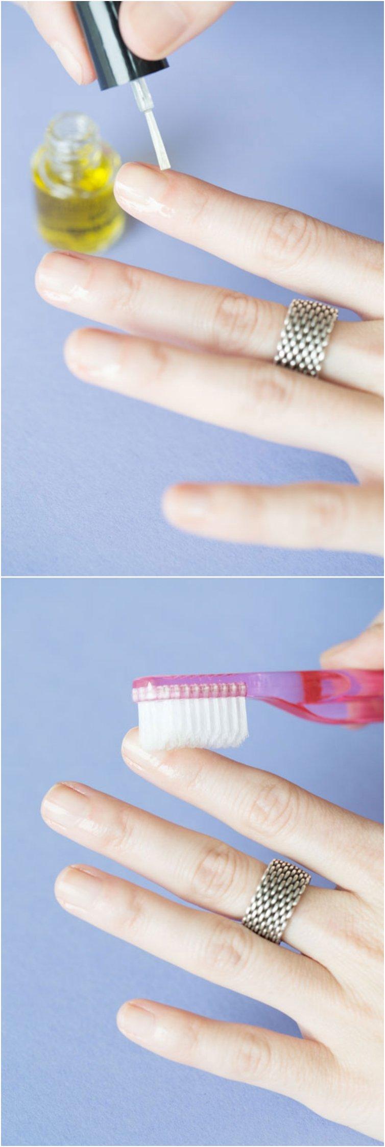 Clean up your cuticles with cuticle oil and a toothbrush.