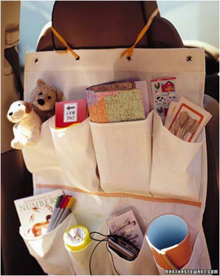 Hold snacks and games by using a canvas shoe bag