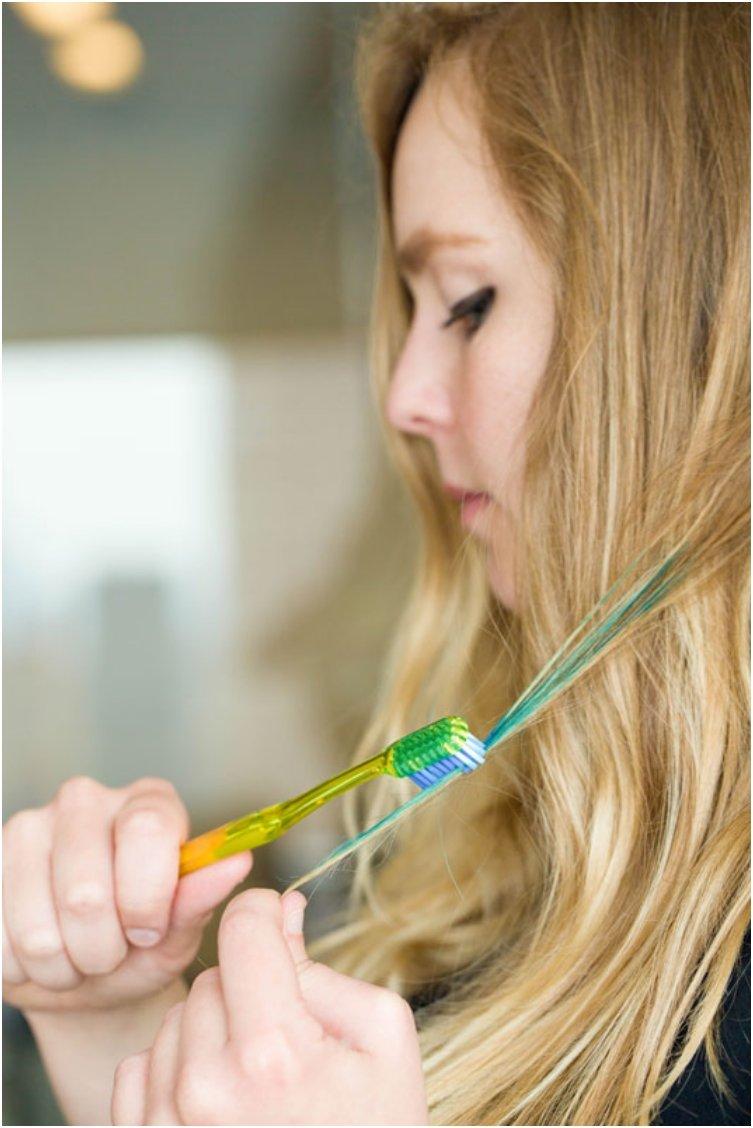Use an old toothbrush to apply liquid hair chalk or highlights.
