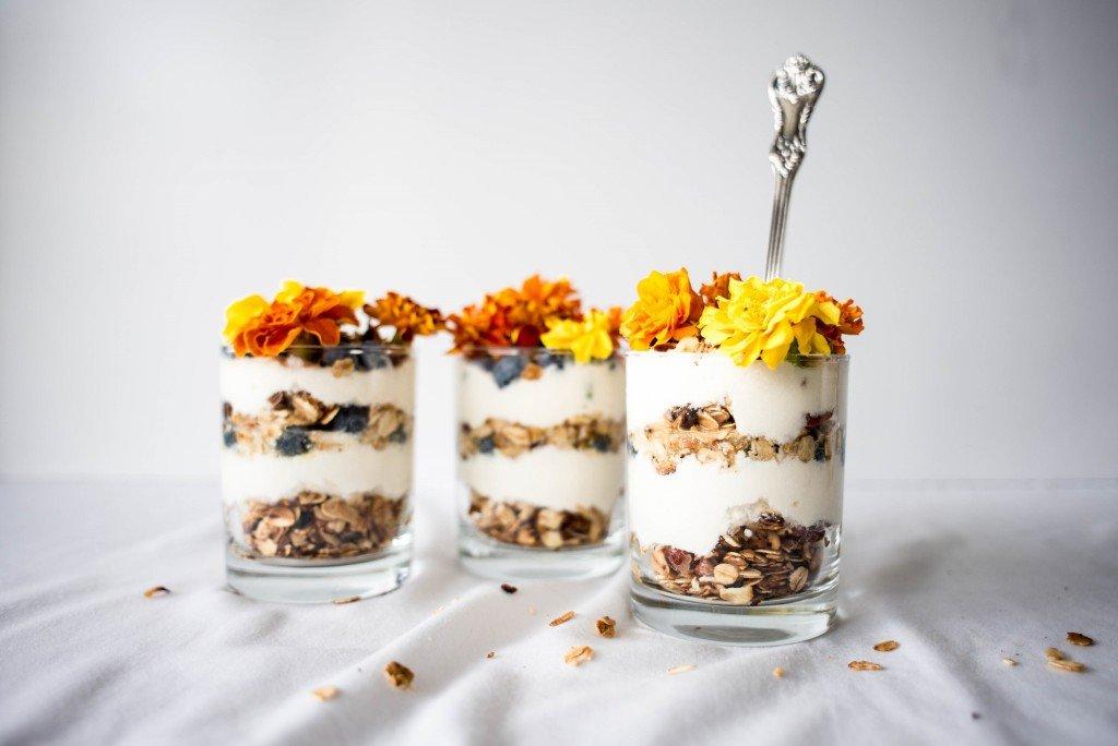 Granola Parfaits with Home-made Chamomile Yogurt and Edible Flowers