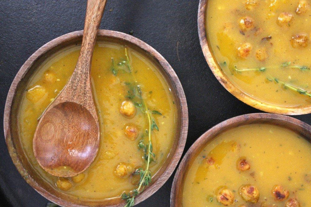 BUTTERNUT SQUASH SOUP WITH CURRY ROASTED CHICKPEAS