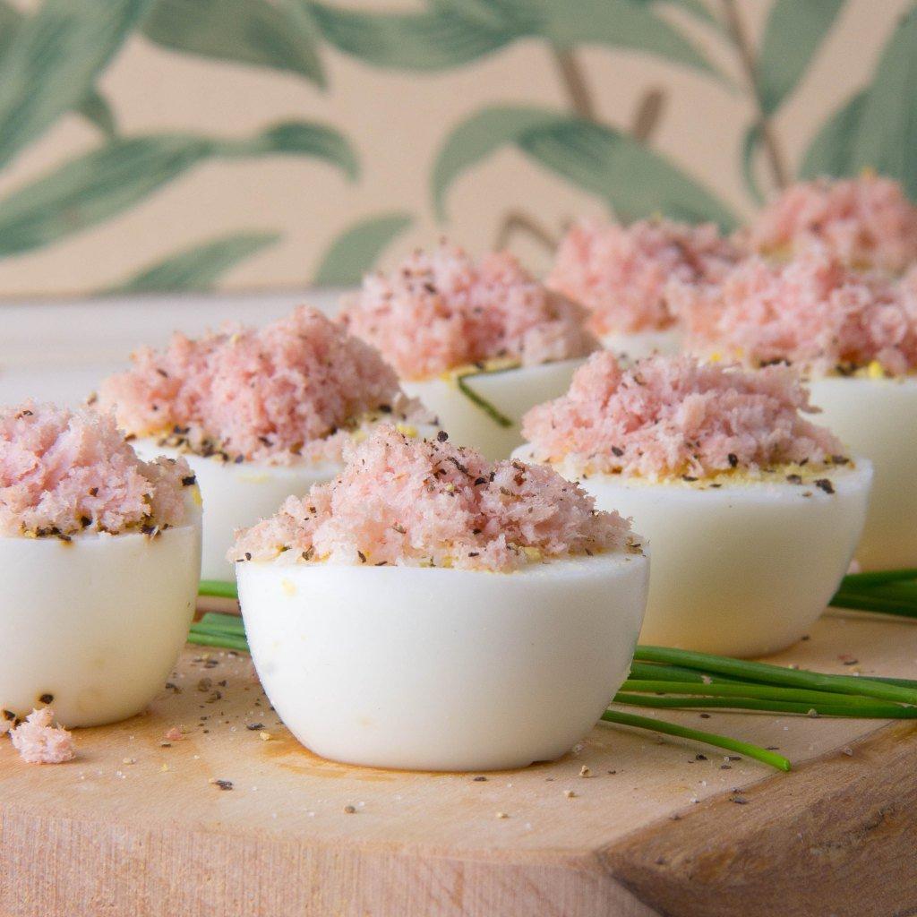 HARD COOKED EGGS WITH BASIL AND FLUFFY HAM