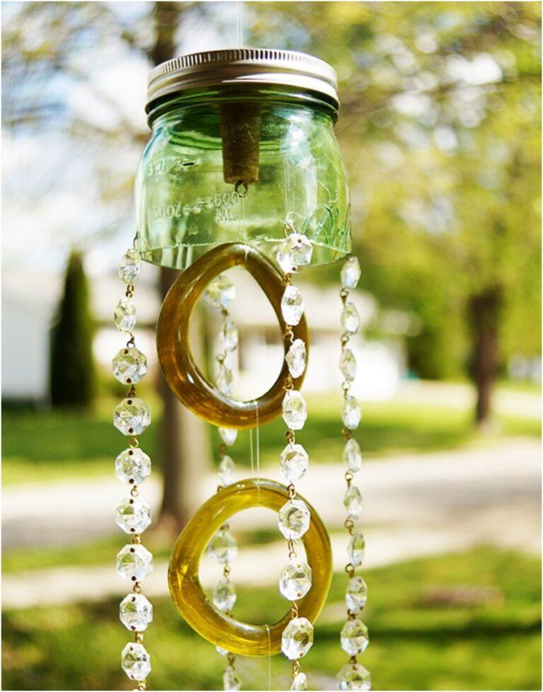 Green Mason Jar and Recycled Wine Bottle Wind Chimes