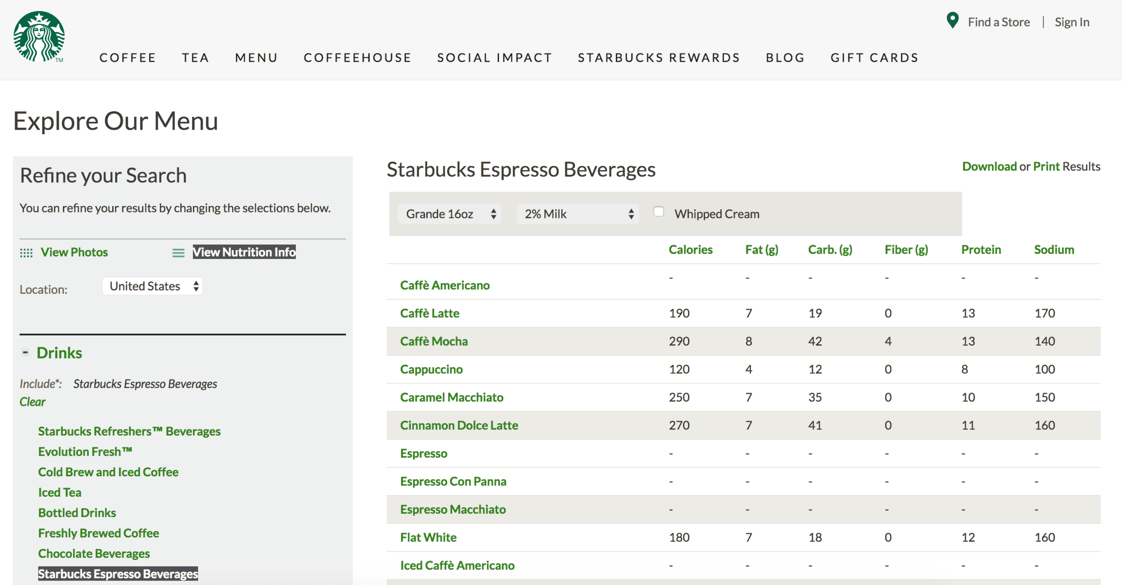 starbucks calories counter