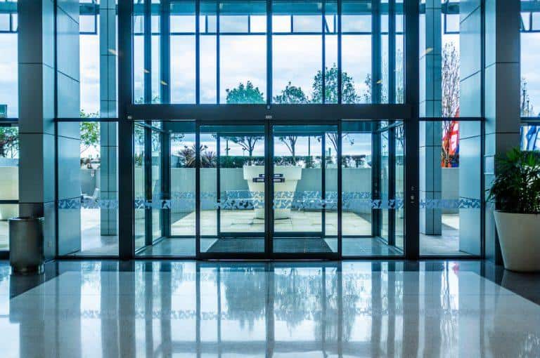 Glass automatic sliding doors entrance into shopping mall