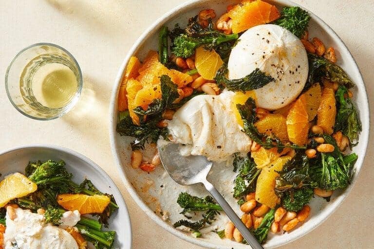 Roasted Broccoli Rabe and White Beans with Burrata