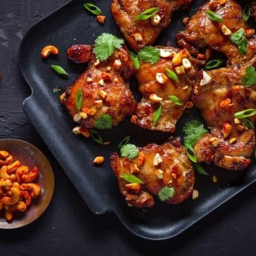 Grilled Soy-Basted Chicken Thighs with Spicy Cashews