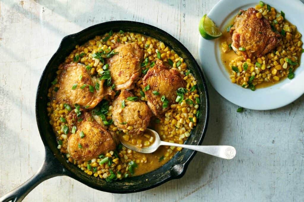 One-Pan Chicken Thighs With Coconut Creamed Corn