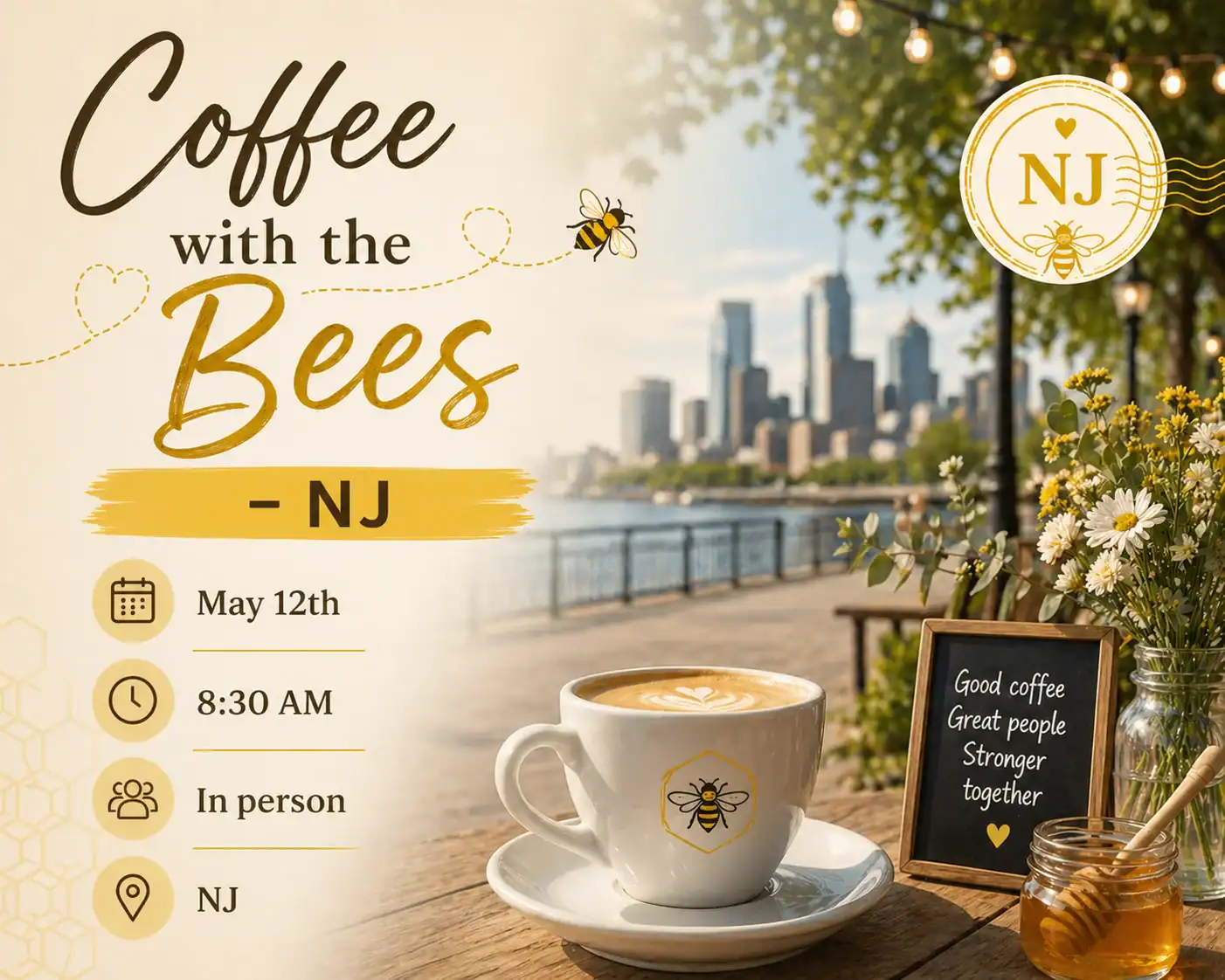 Poster for 'Coffee with the Bees' – NJ, featuring a coffee cup, honey jar, flowers, and city skyline by the river.