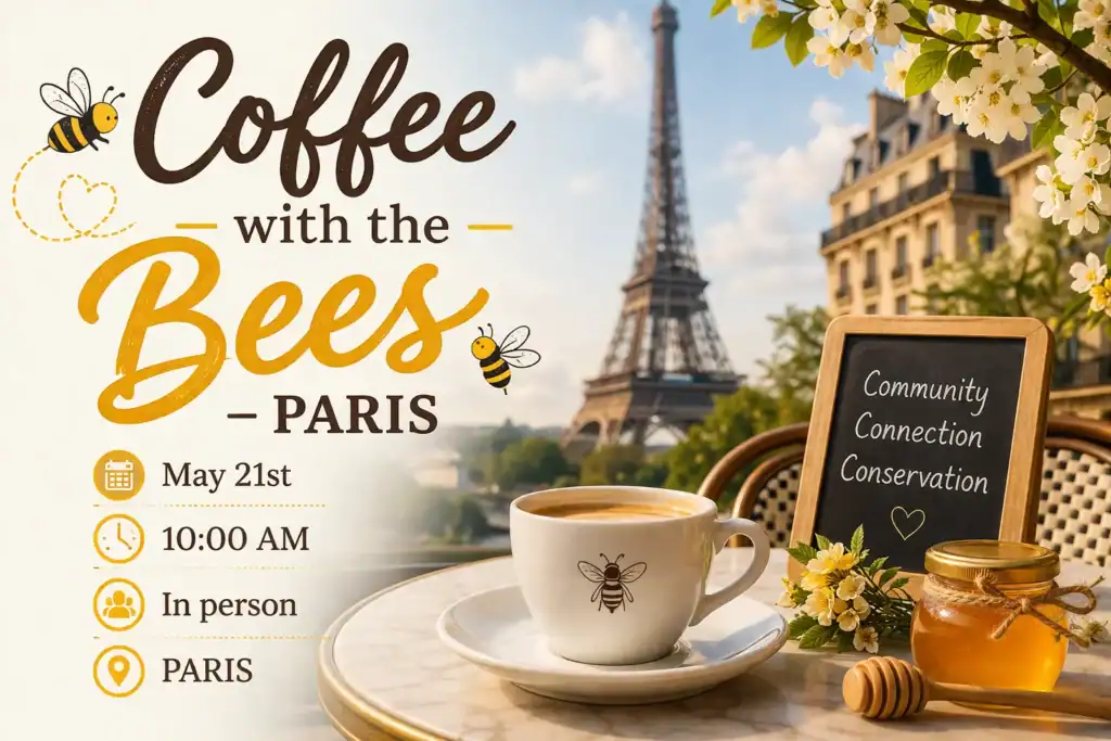 Promotional banner for 'Coffee with the Bees Paris' showing a bee logo on a coffee cup, honey jar, chalkboard, and the Eiffel Tower in Paris.