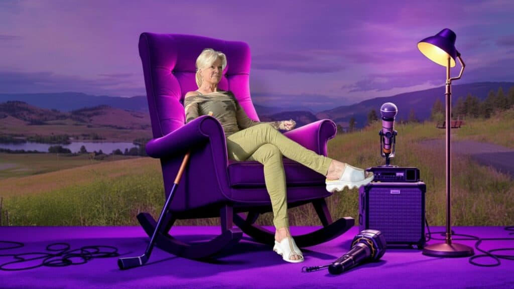 Woman relaxing in a purple upholstered rocking chair on an outdoor stage, with a microphone, lamp, and sound gear nearby.