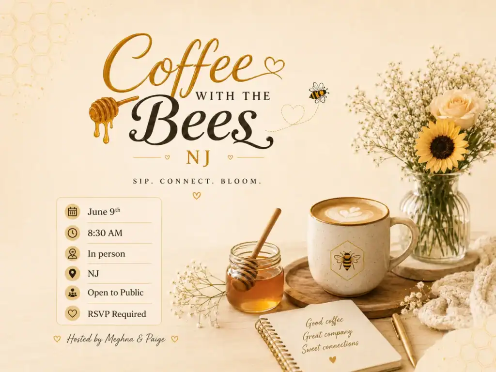 Poster for 'Coffee with the Bees' event with honey, coffee, and flowers; details: June 9, 8:30 AM, in-person in NJ, RSVP.