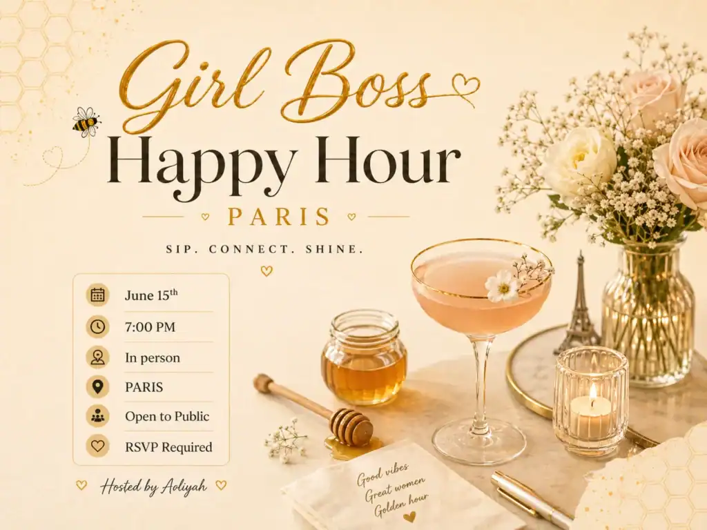 Elegant Paris-themed event banner for 'Girl Boss Happy Hour' with a pink cocktail, flowers, honey jar, and RSVP details on the left panel.