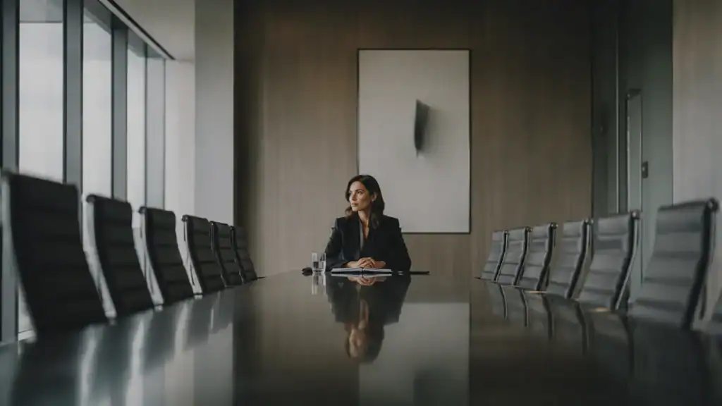 Professional woman in a black blazer sits at the head of a long conference table in a modern office environment.