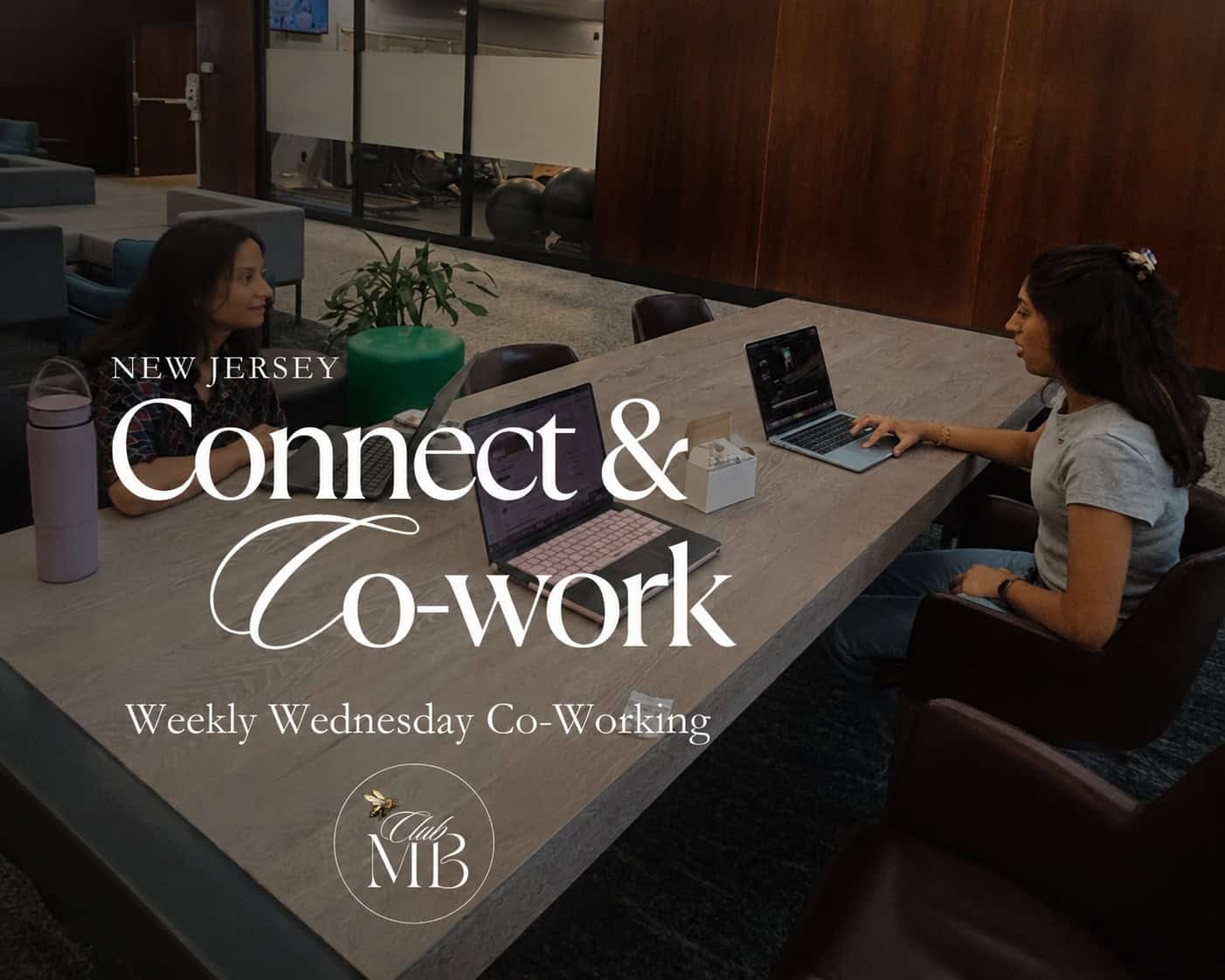 Two women work on laptops at a long coworking table with promotional text 'Connect & Co-work'.