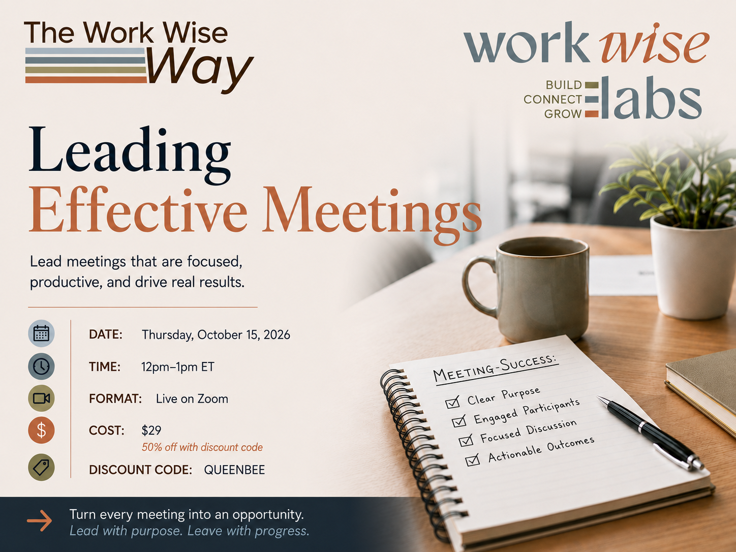 Promotional poster for Leading Effective Meetings with a desk scene including a notebook, coffee mug, plant, and company logos in the background.