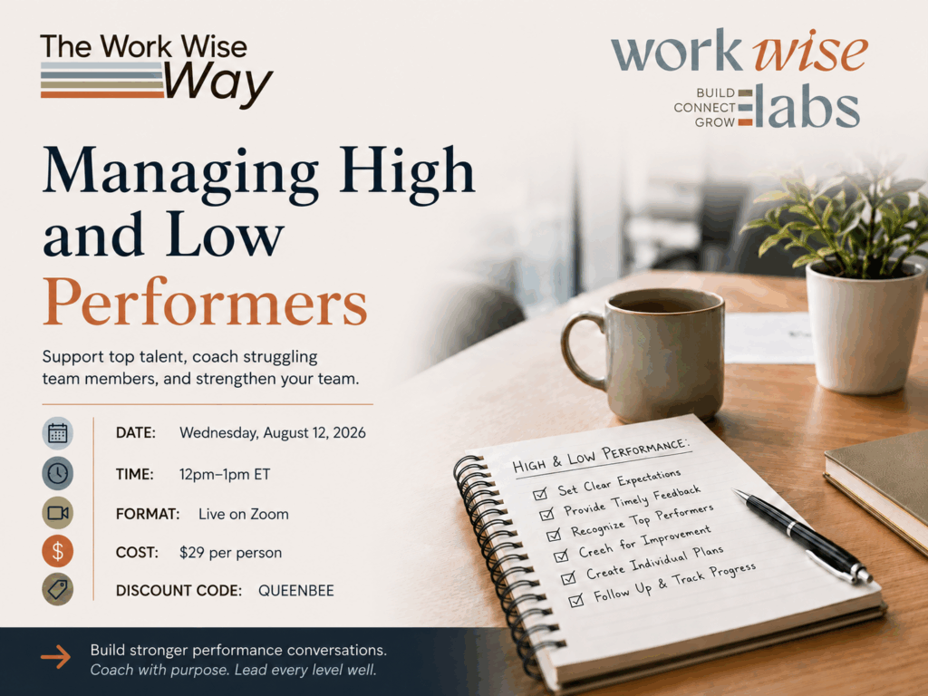 Promotional banner for a talk titled 'Managing High and Low Performers' with logos, a notebook checklist, a coffee mug, and a plant on a desk.