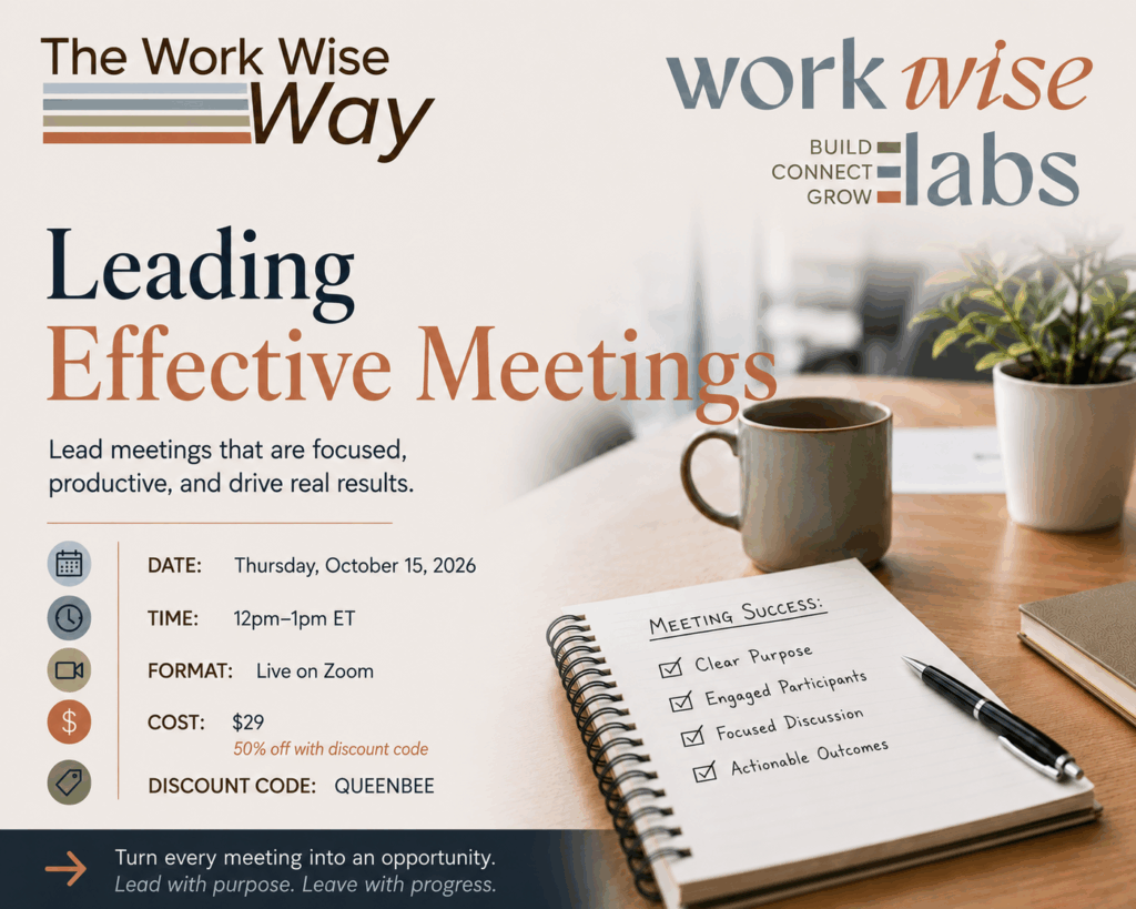 Poster for a seminar titled 'Leading Effective Meetings' with date/time details beside a notebook and mug on a desk.