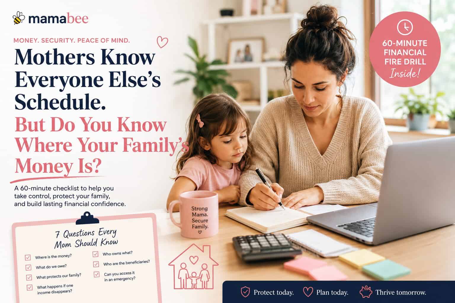 Mother reviewing family financial documents at a kitchen table for a 60-minute family financial fire drill