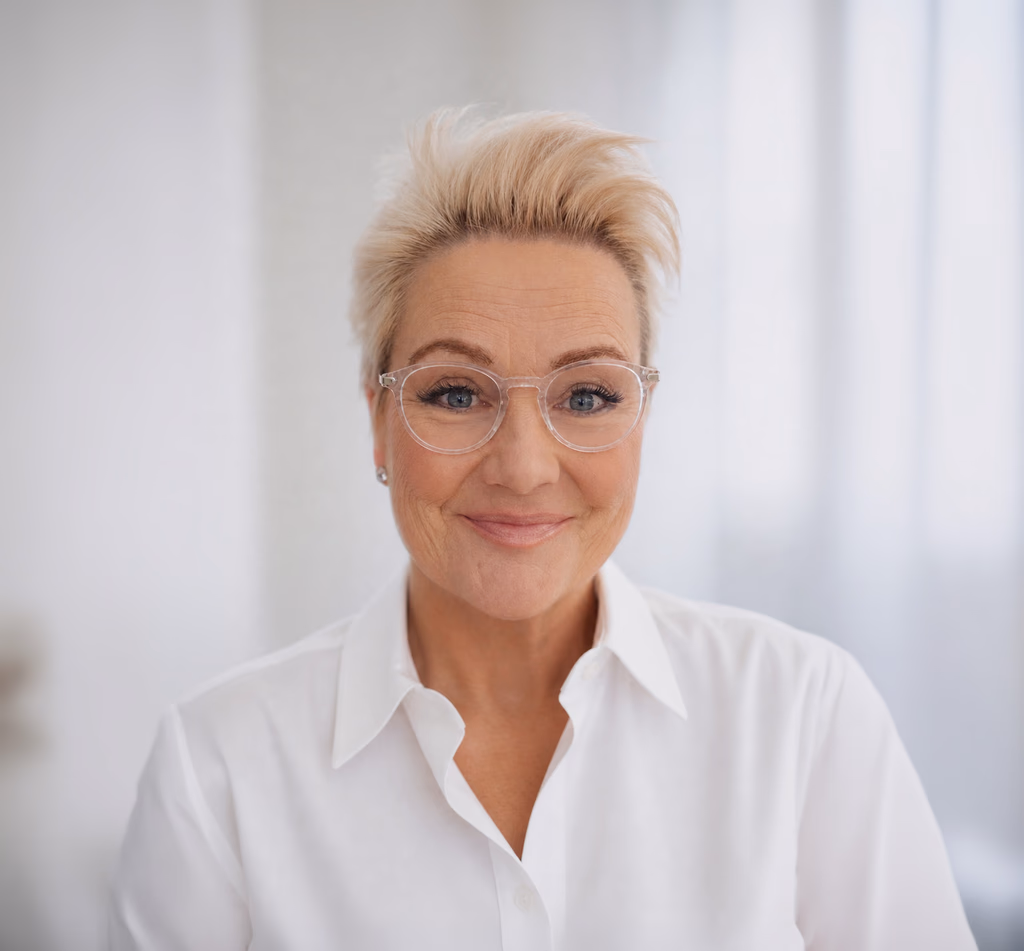 Smiling woman with short blonde hair and clear glasses wearing a white button-down shirt, head-and-shoulders portrait in bright indoor light.